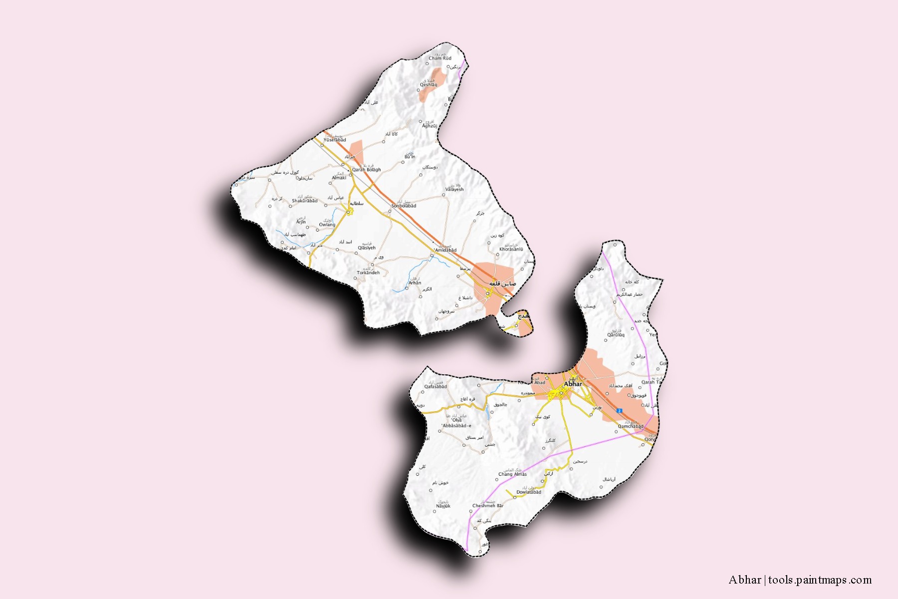 Mapa de barrios y pueblos de Abhar con efecto de sombra 3D