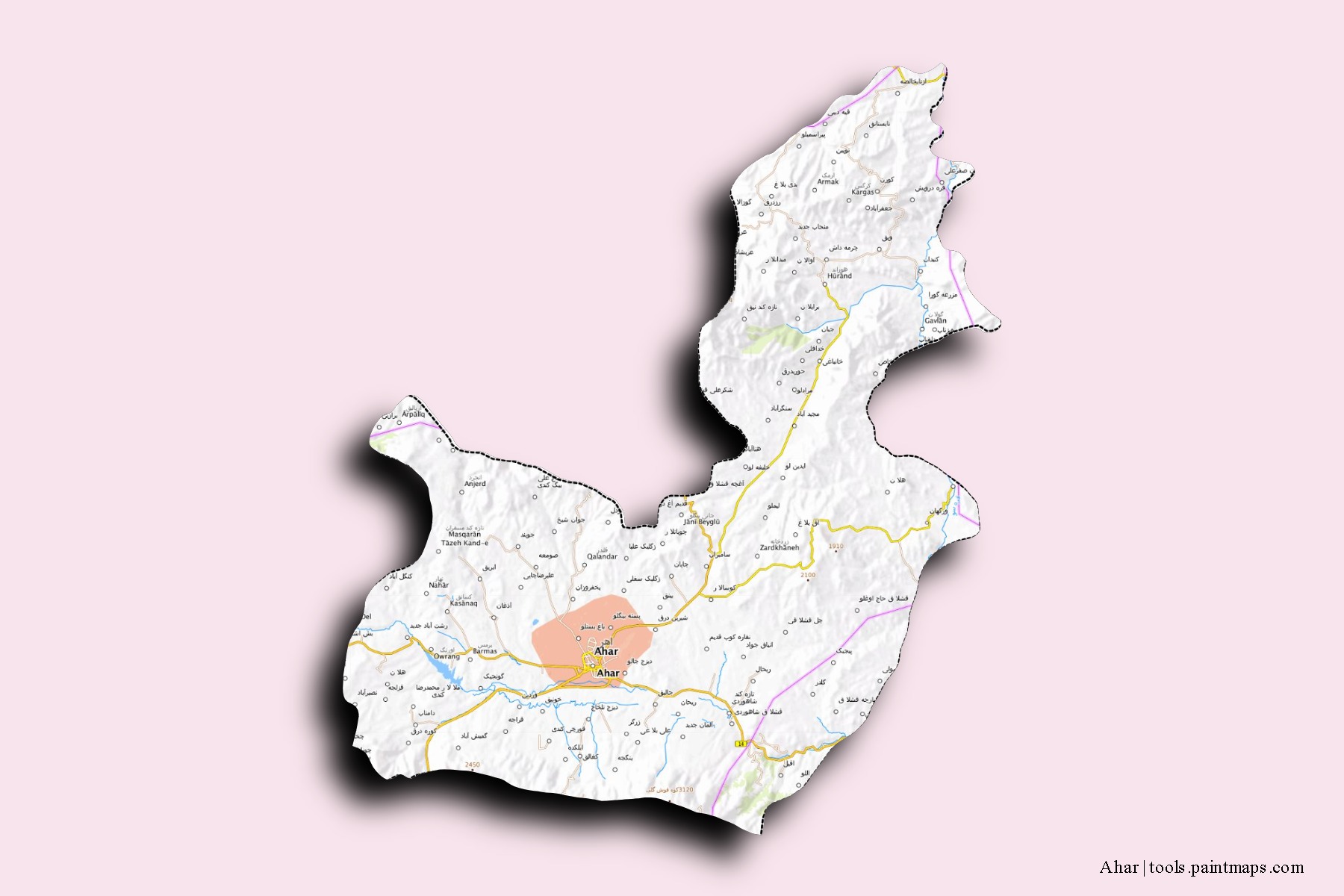 Mapa de barrios y pueblos de Ahar con efecto de sombra 3D