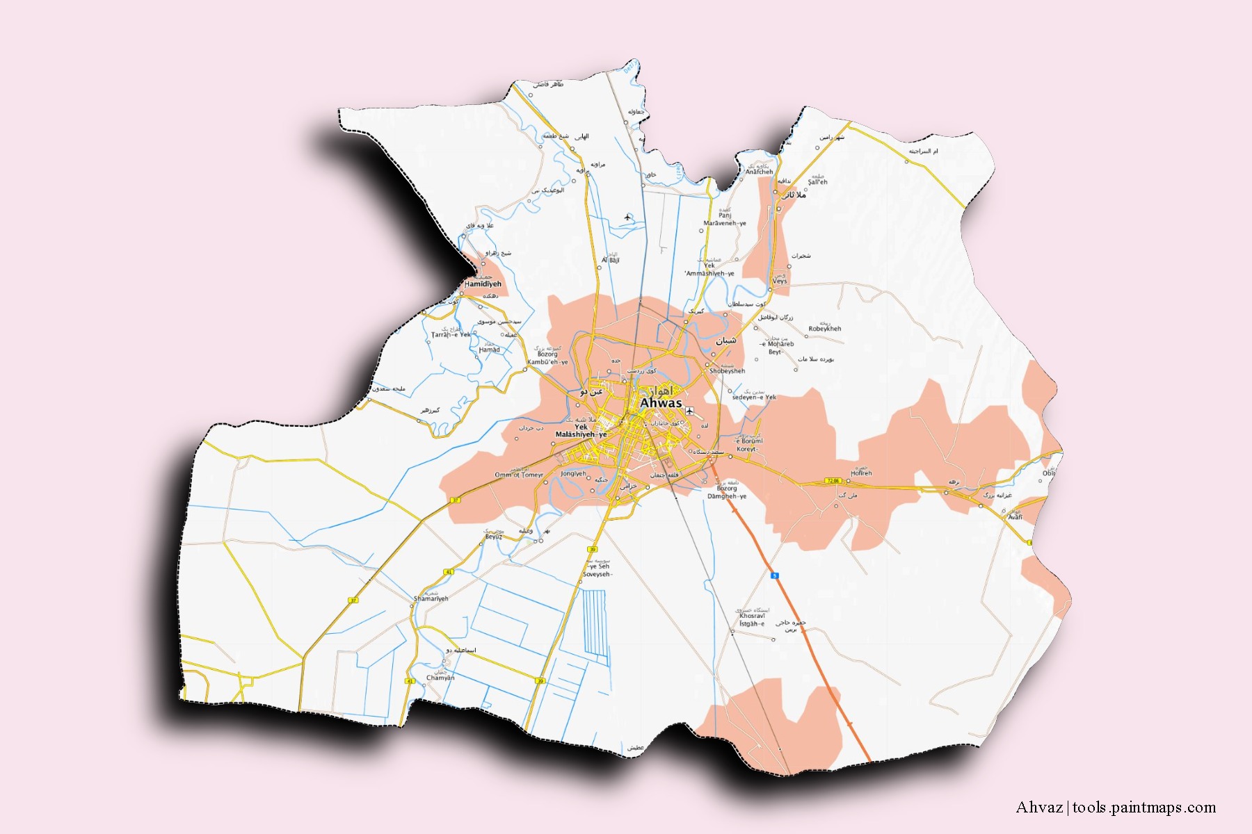 3D gölge efektli Ahvaz mahalleleri ve köyleri haritası