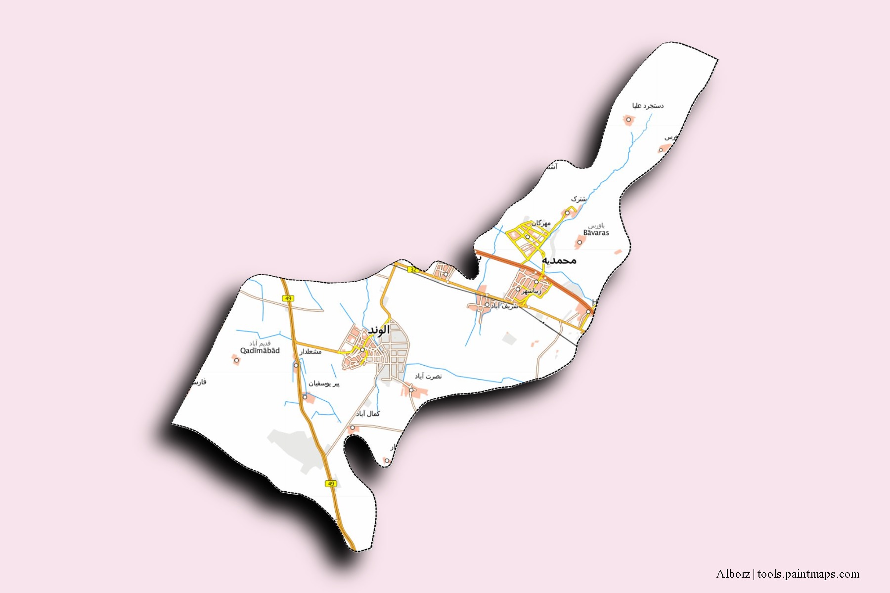 Mapa de barrios y pueblos de Alborz con efecto de sombra 3D