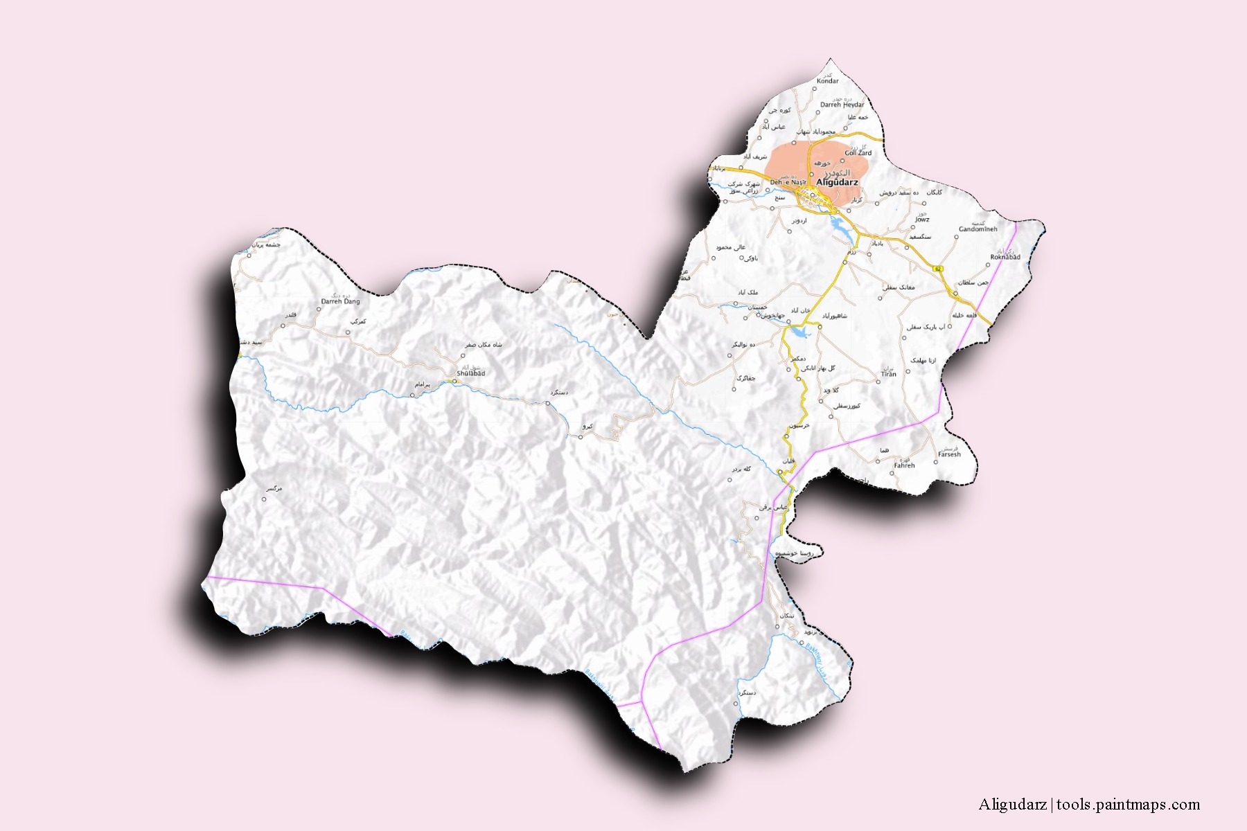 Mapa de barrios y pueblos de Aligudarz con efecto de sombra 3D