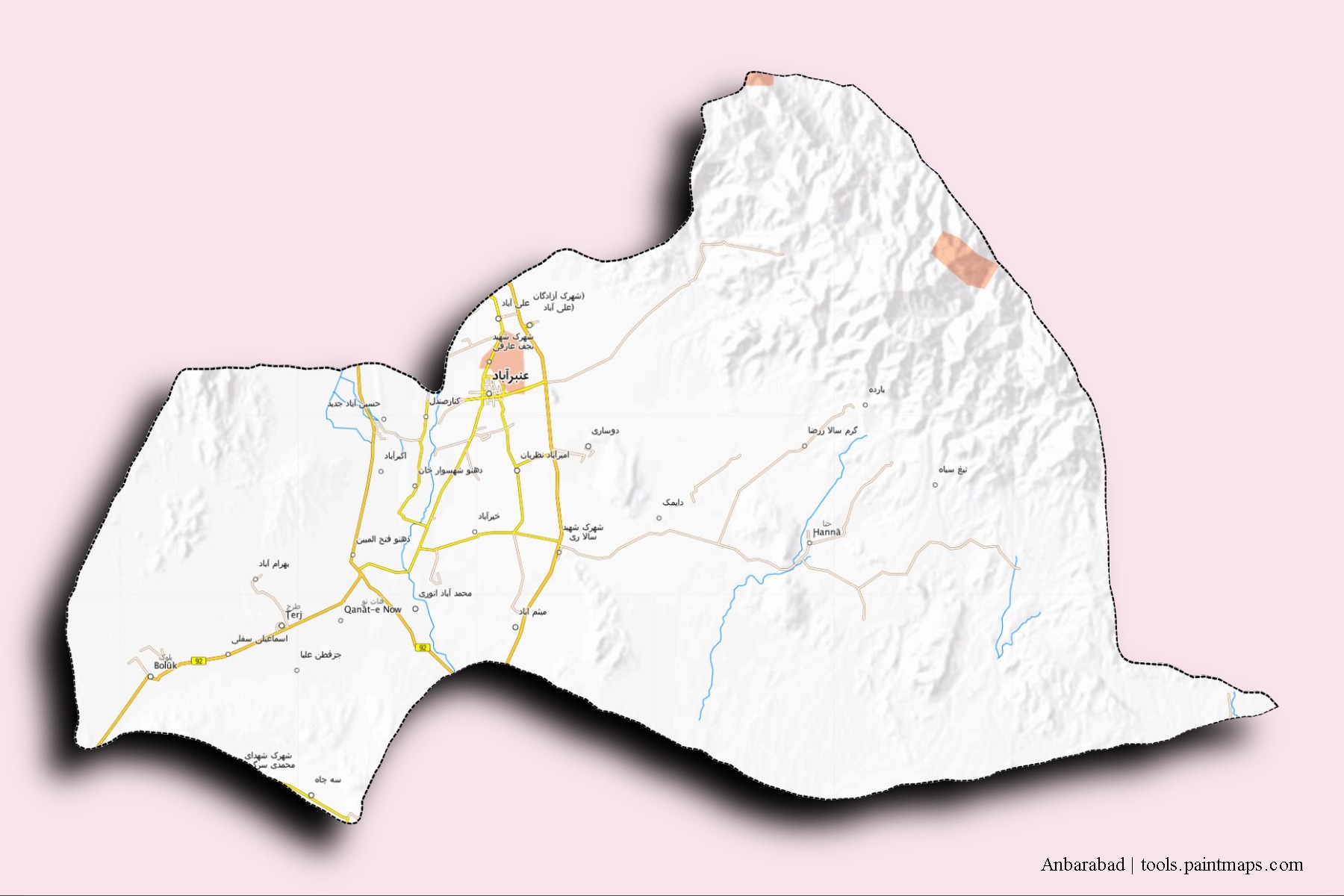 Mapa de barrios y pueblos de Anbarabad con efecto de sombra 3D