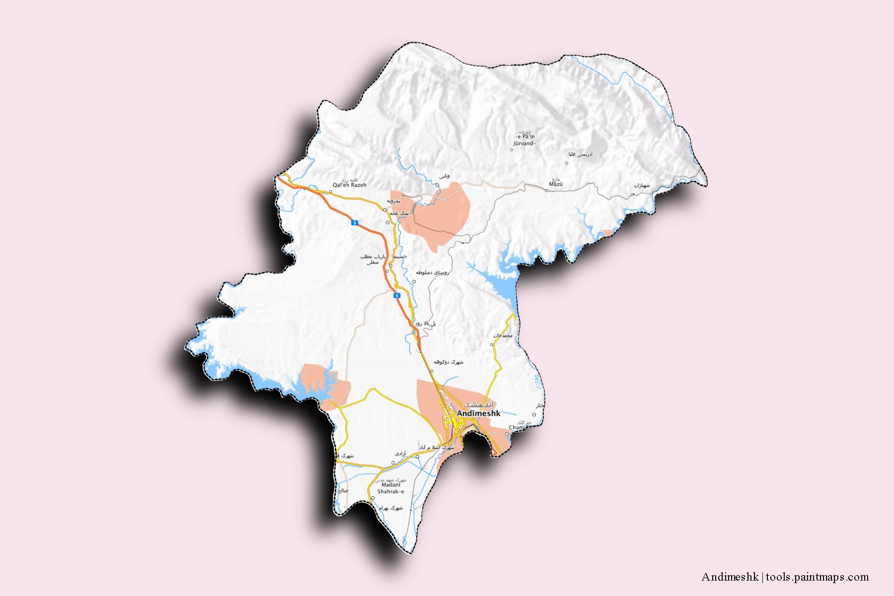 Andimeshk neighborhoods and villages map with 3D shadow effect