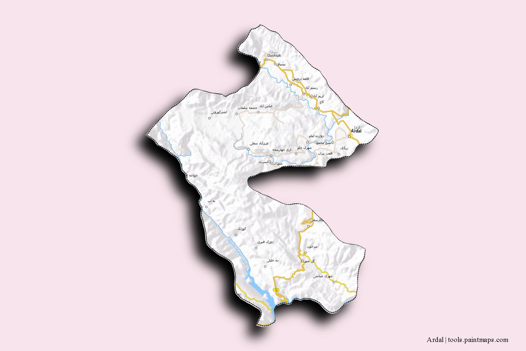 Mapa de barrios y pueblos de Ardal con efecto de sombra 3D