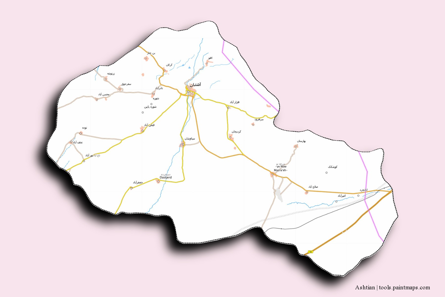 Ashtiyan neighborhoods and villages map with 3D shadow effect