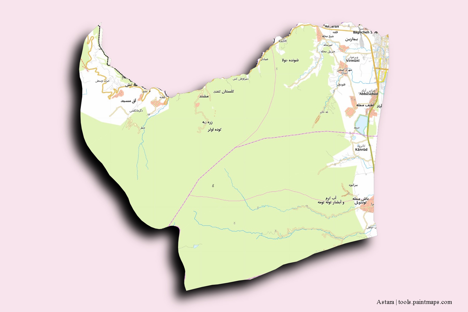 Mapa de barrios y pueblos de Astara con efecto de sombra 3D