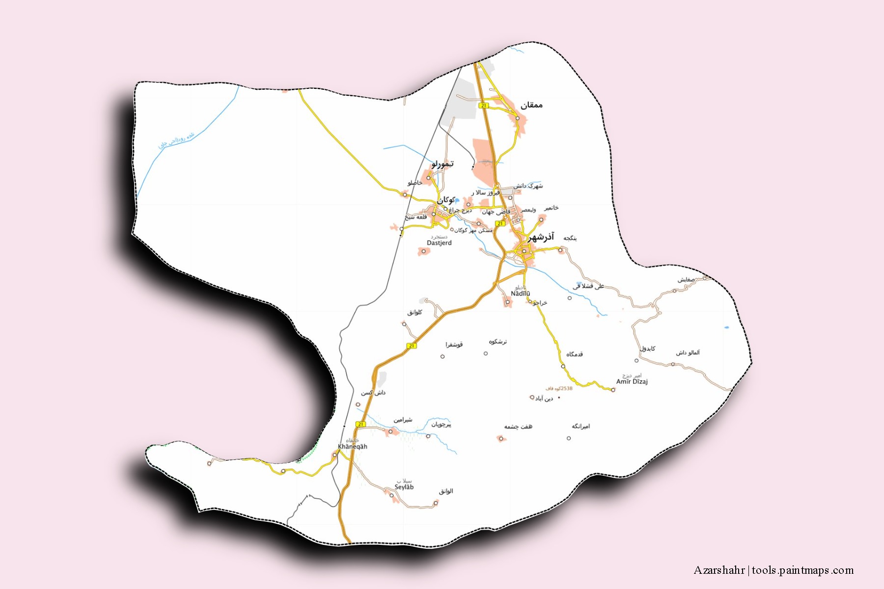 Azarshahr neighborhoods and villages map with 3D shadow effect