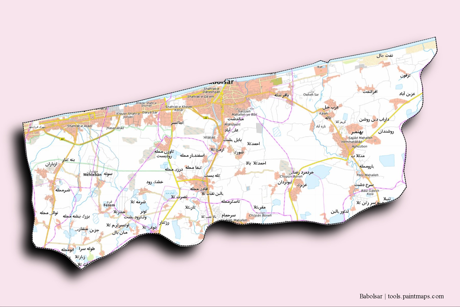 3D gölge efektli Babolser mahalleleri ve köyleri haritası