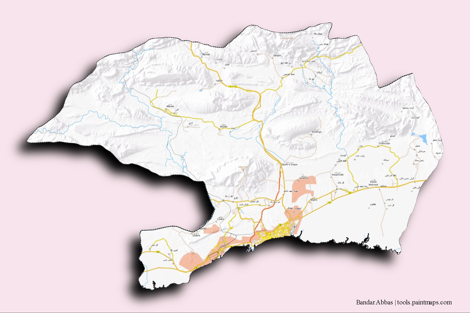 3D gölge efektli Bender Abbas mahalleleri ve köyleri haritası