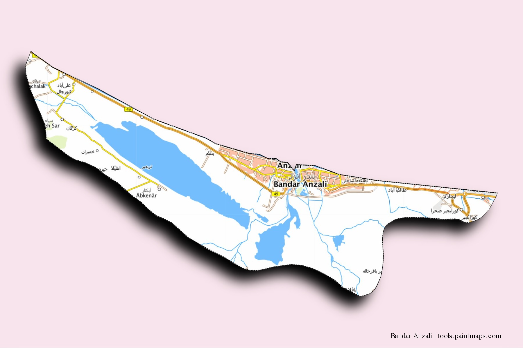 Bandar-e-Anzali neighborhoods and villages map with 3D shadow effect