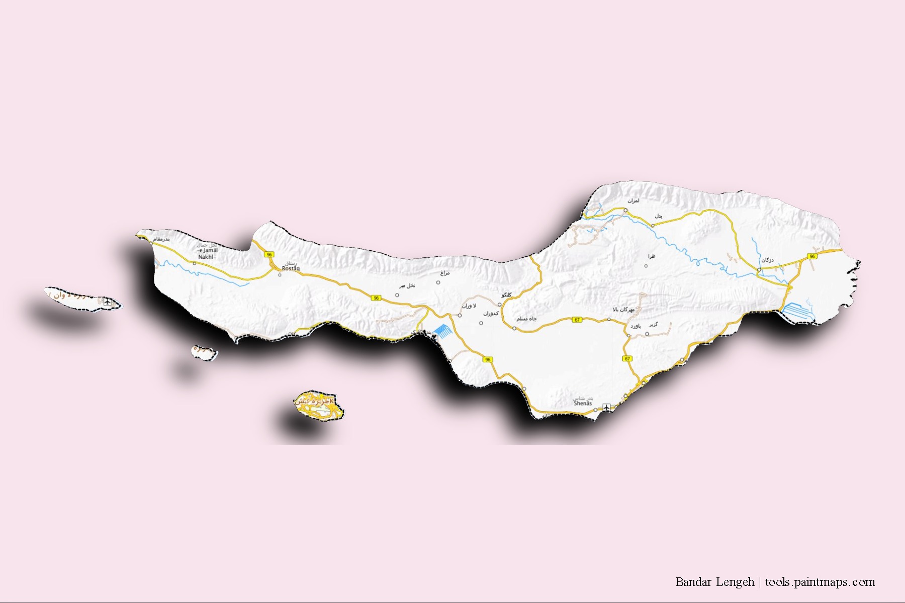 Bandar-e-Lengeh neighborhoods and villages map with 3D shadow effect