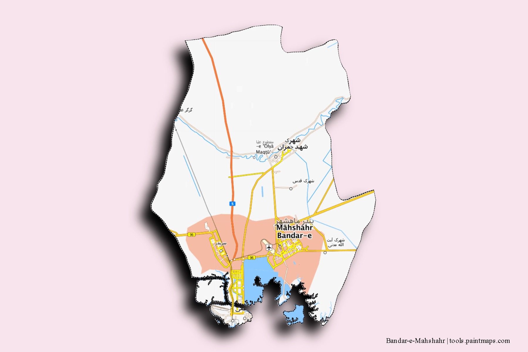 Bandar-e-Mahshahr neighborhoods and villages map with 3D shadow effect