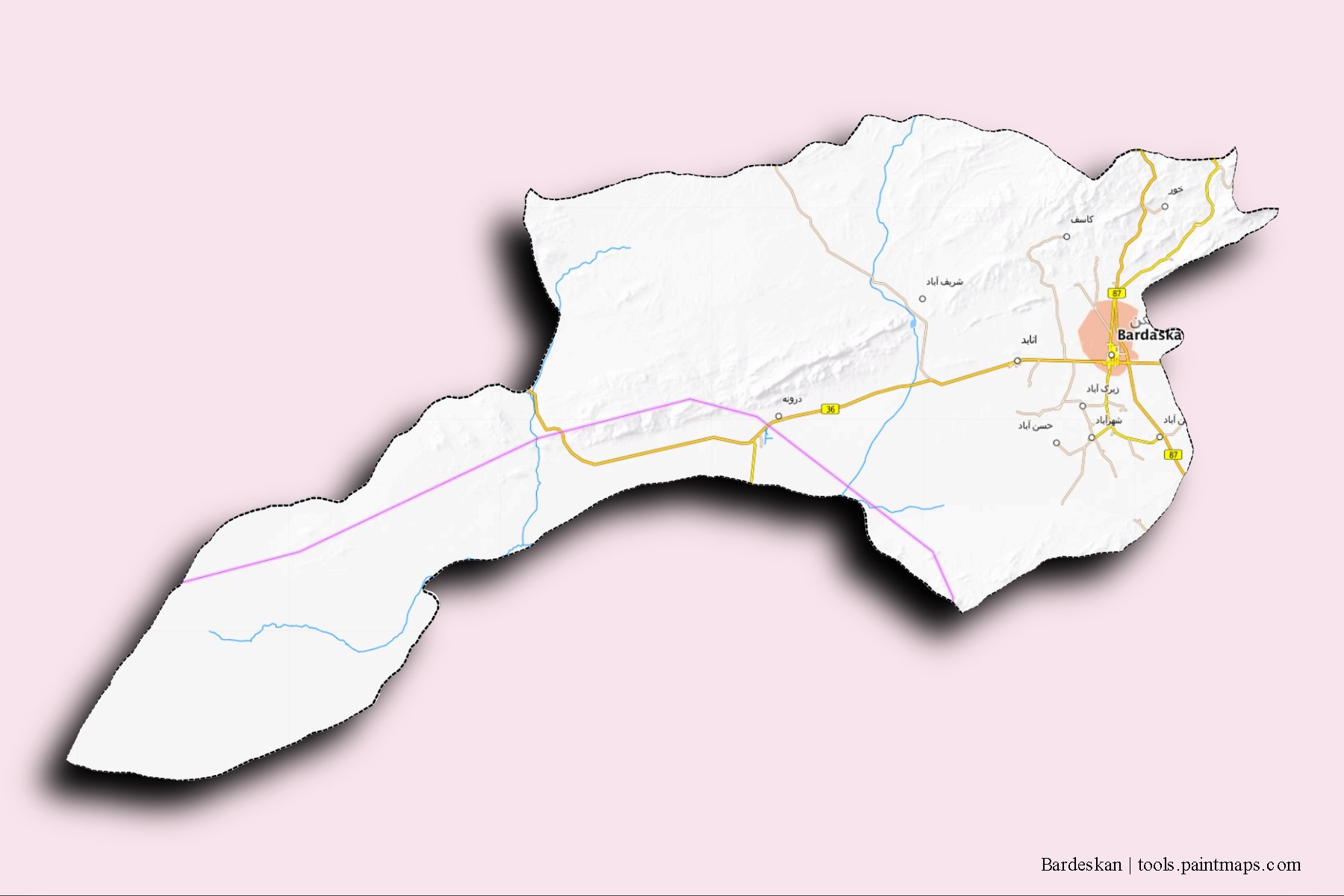 Bardeskan neighborhoods and villages map with 3D shadow effect