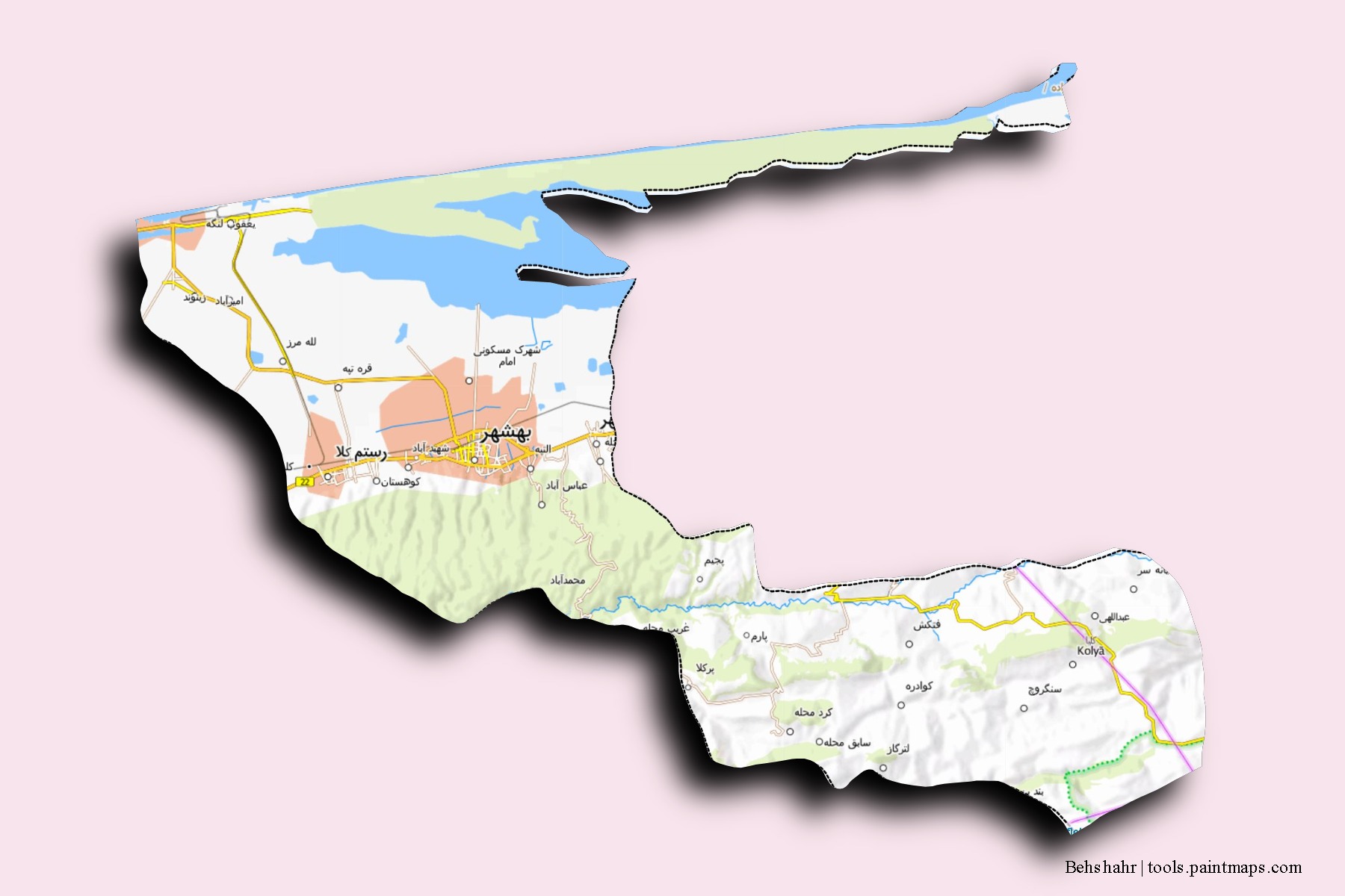 3D gölge efektli Behşehr mahalleleri ve köyleri haritası