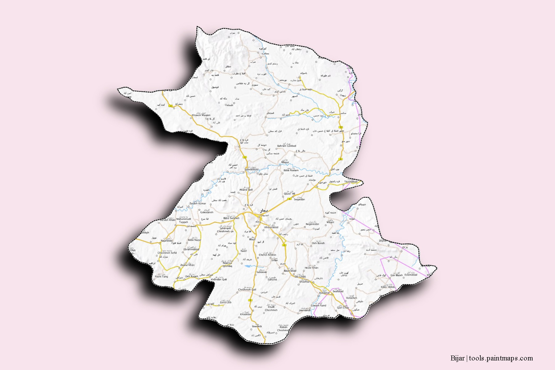 Mapa de barrios y pueblos de Bijar con efecto de sombra 3D