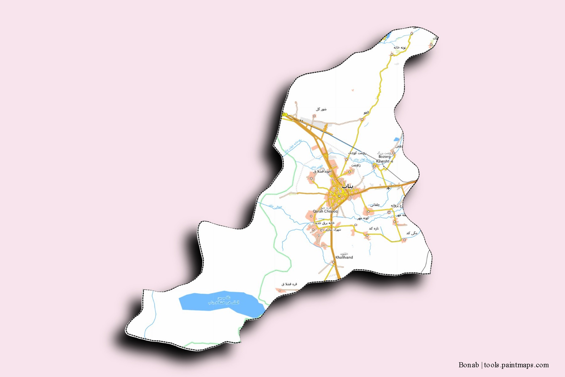 Bonab neighborhoods and villages map with 3D shadow effect