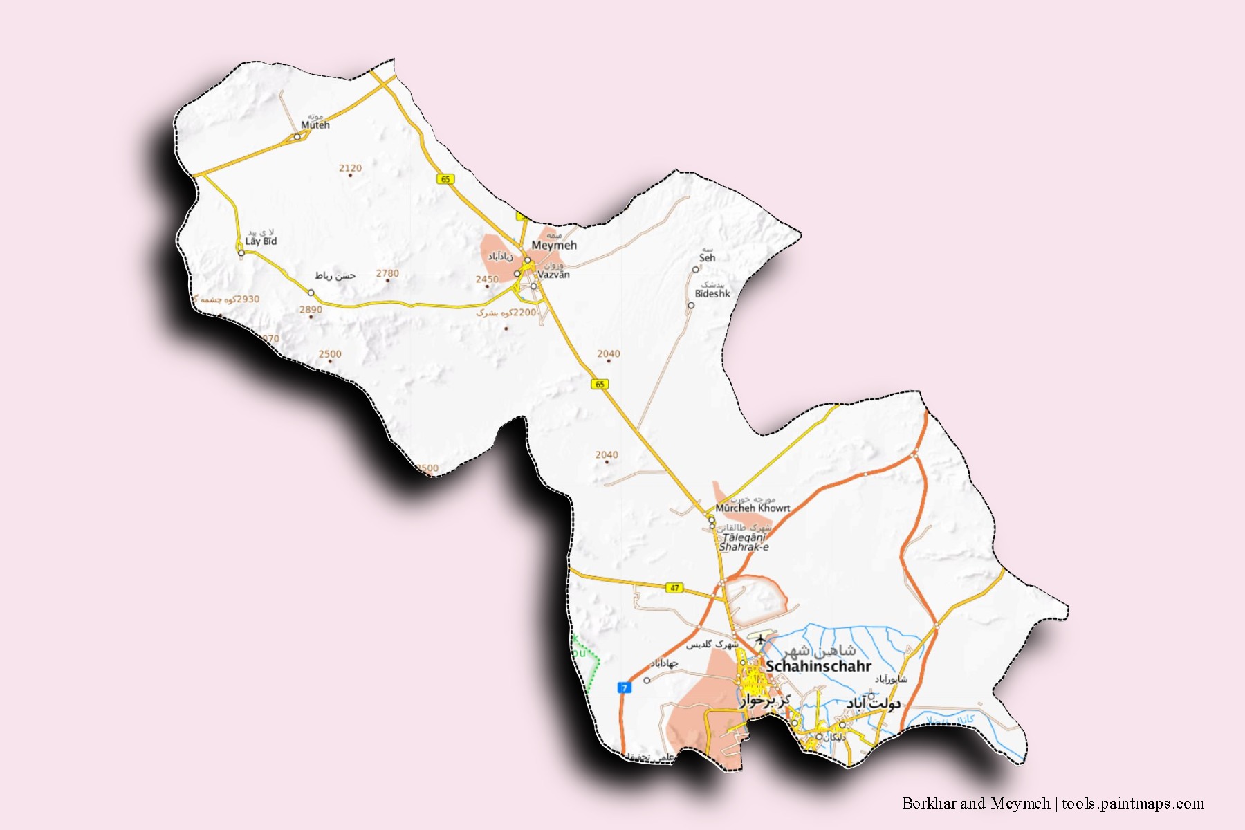 Mapa de barrios y pueblos de Borkhar and Meymeh con efecto de sombra 3D