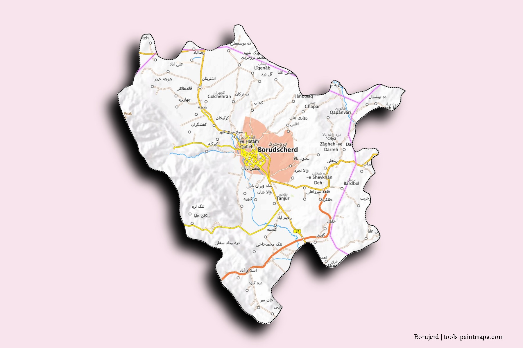 Mapa de barrios y pueblos de Borujerd con efecto de sombra 3D