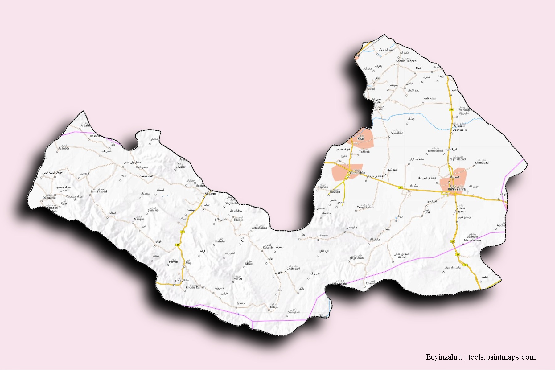 Boyinzahra neighborhoods and villages map with 3D shadow effect