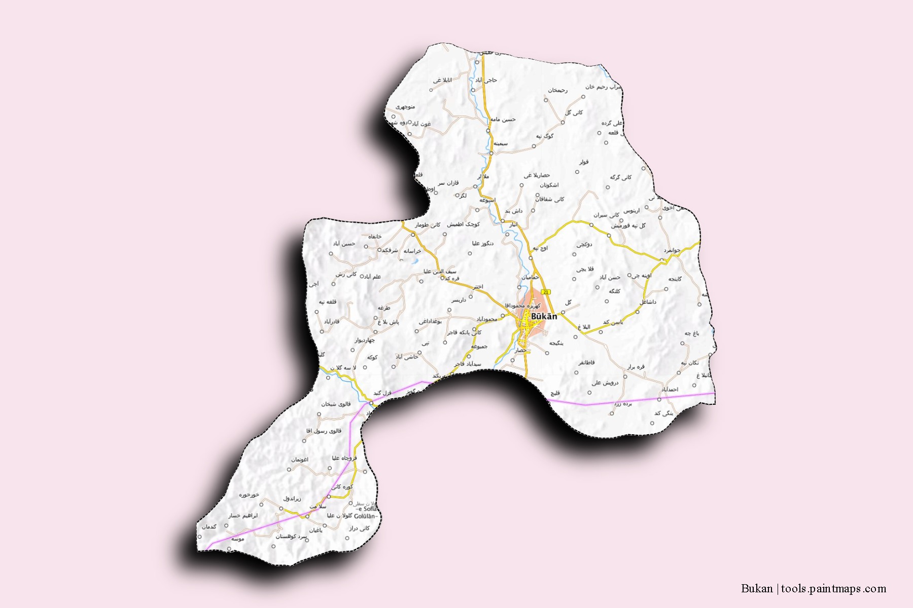 3D gölge efektli Bukan şehristanı mahalleleri ve köyleri haritası