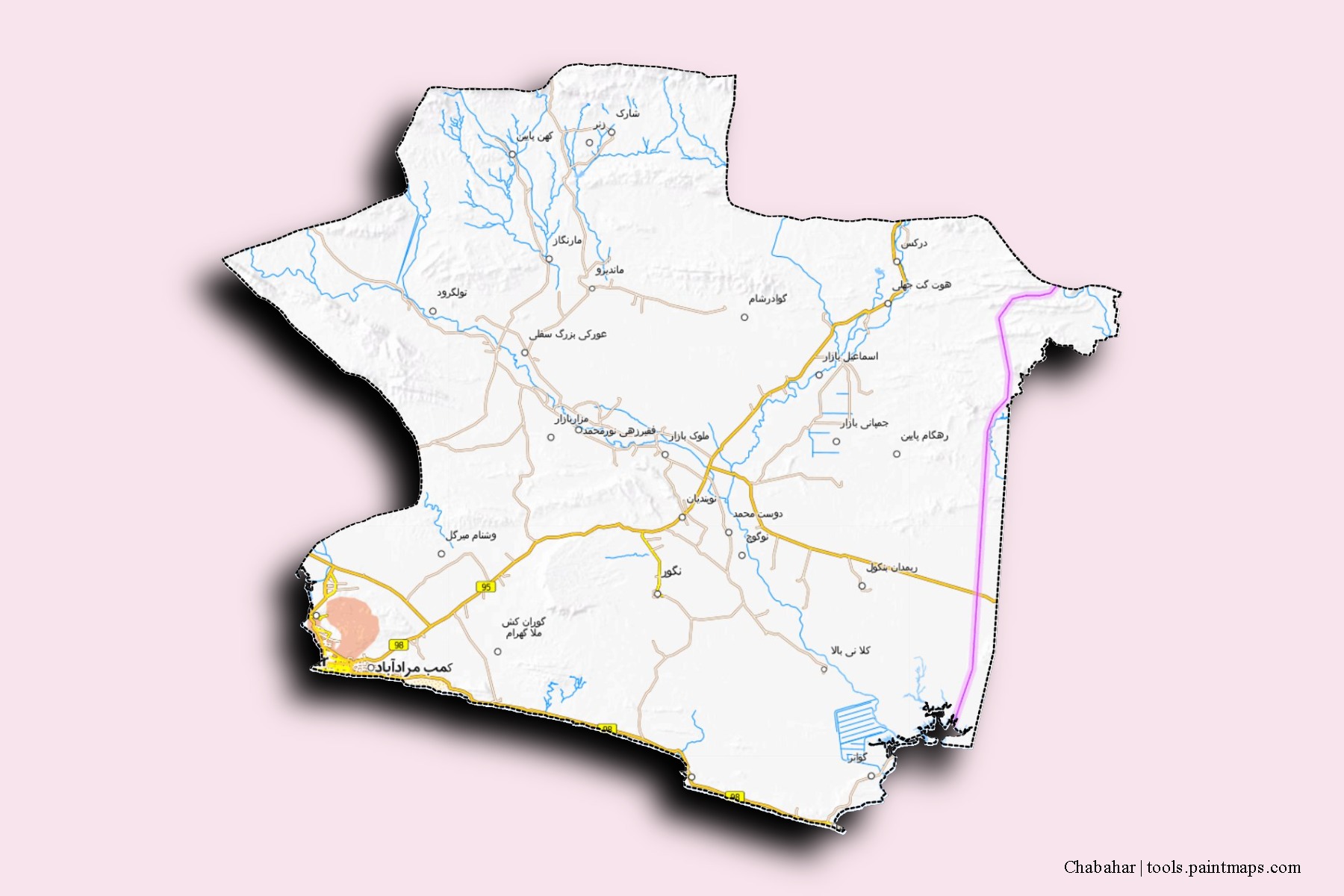 Mapa de barrios y pueblos de Chabahar con efecto de sombra 3D