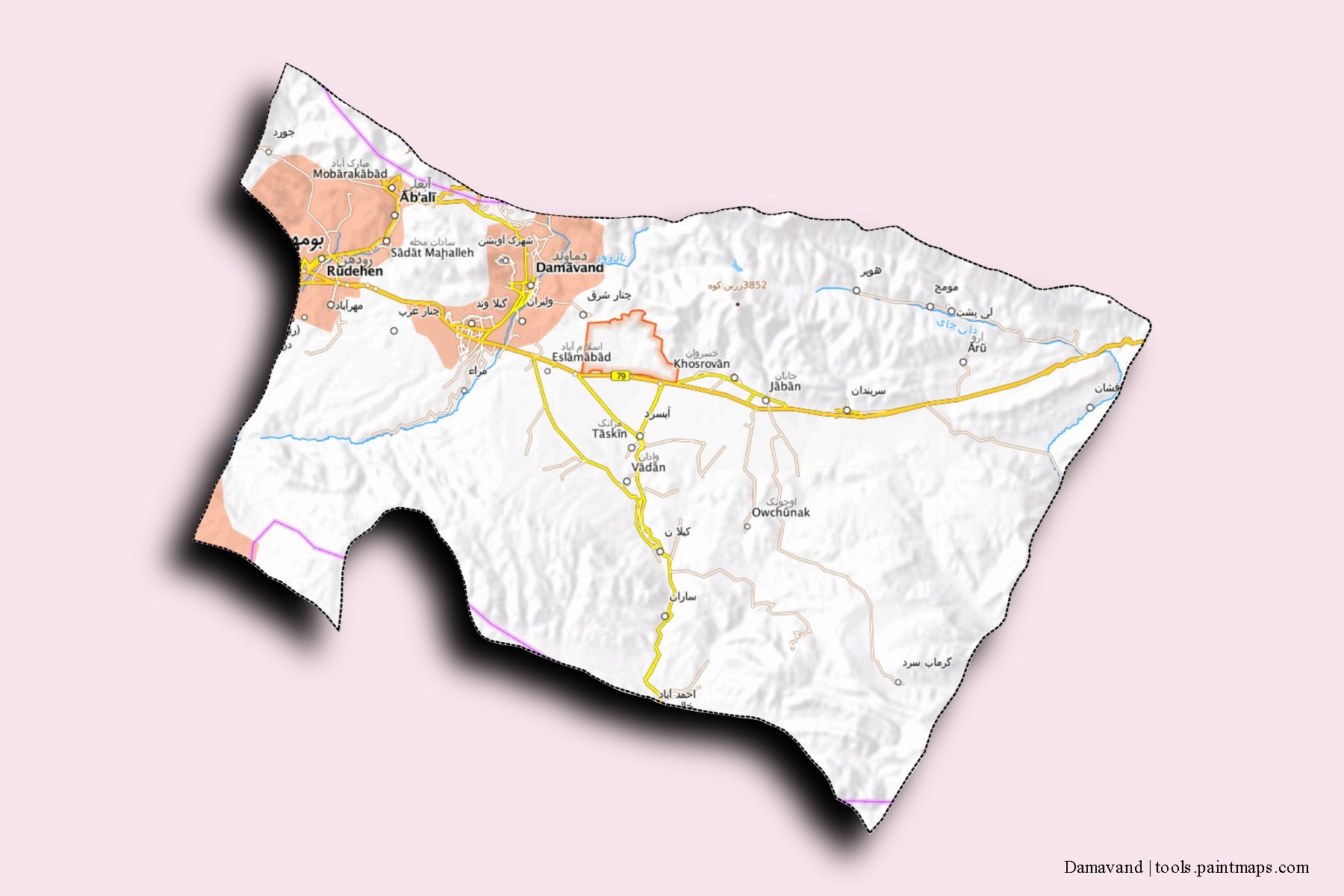 3D gölge efektli Damavand mahalleleri ve köyleri haritası