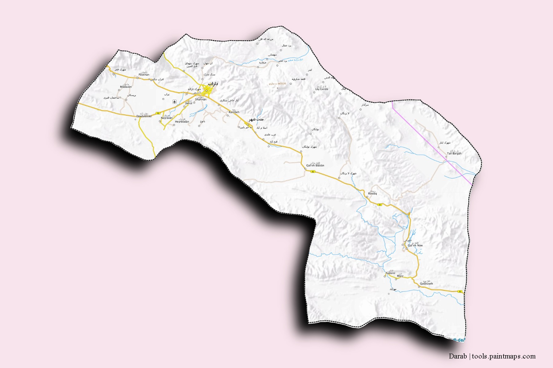 Mapa de barrios y pueblos de Darab con efecto de sombra 3D