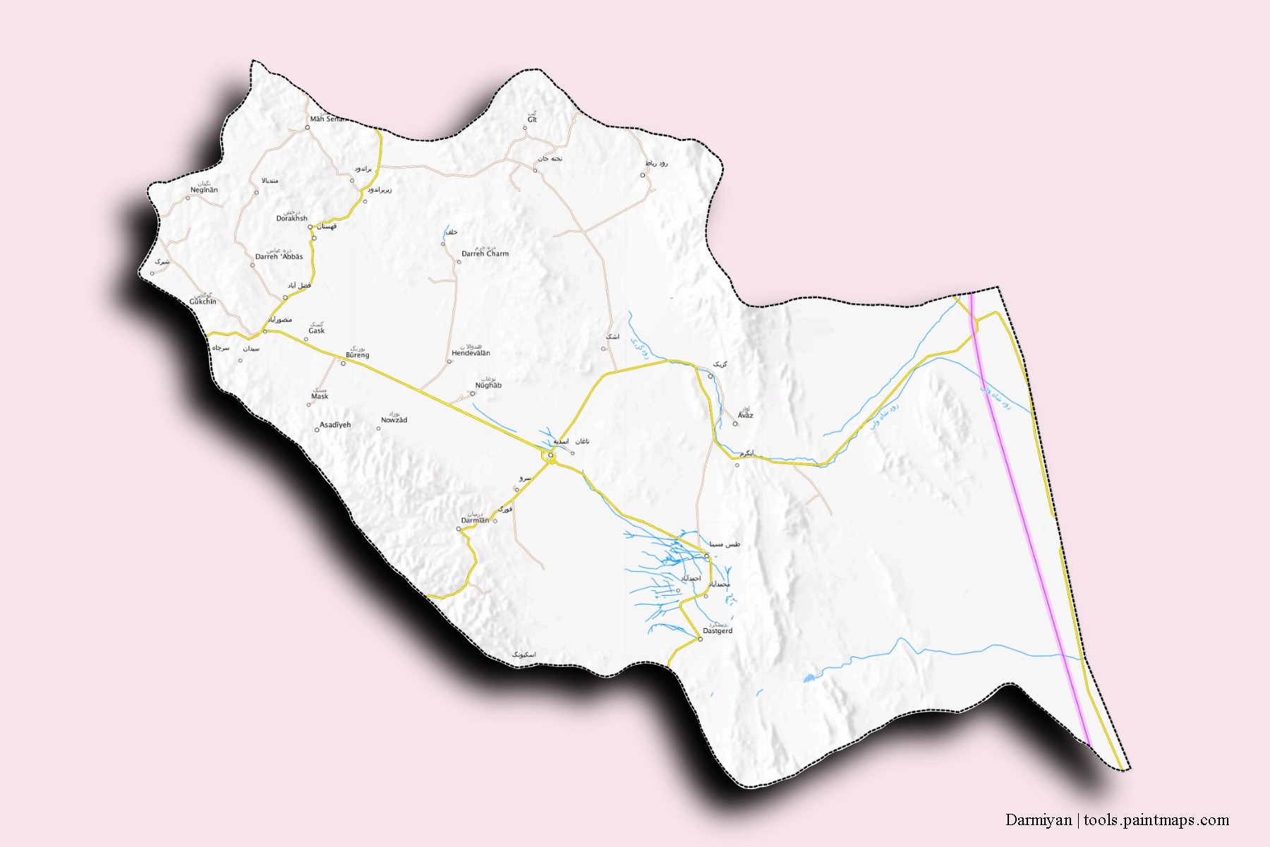 Darmiyan neighborhoods and villages map with 3D shadow effect