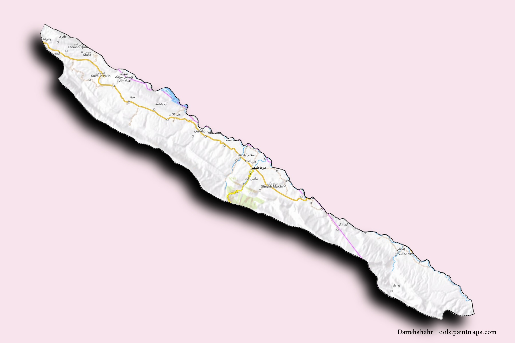 Mapa de barrios y pueblos de Darrehshahr con efecto de sombra 3D