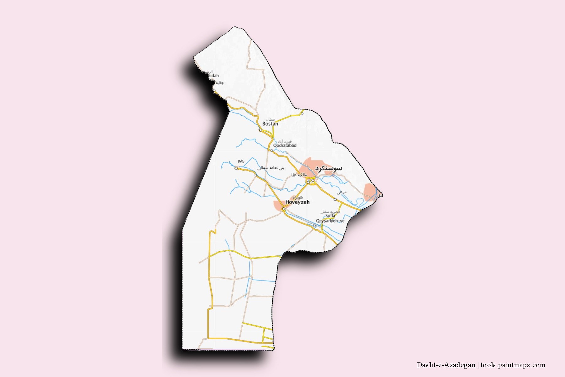 Dasht-e-Azadegan neighborhoods and villages map with 3D shadow effect