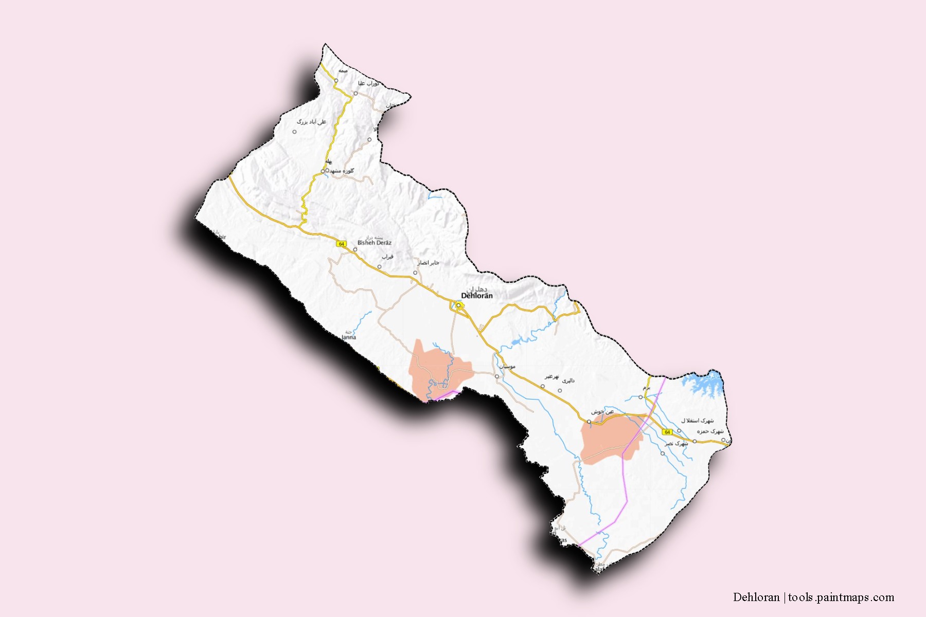 3D gölge efektli Dehluran mahalleleri ve köyleri haritası
