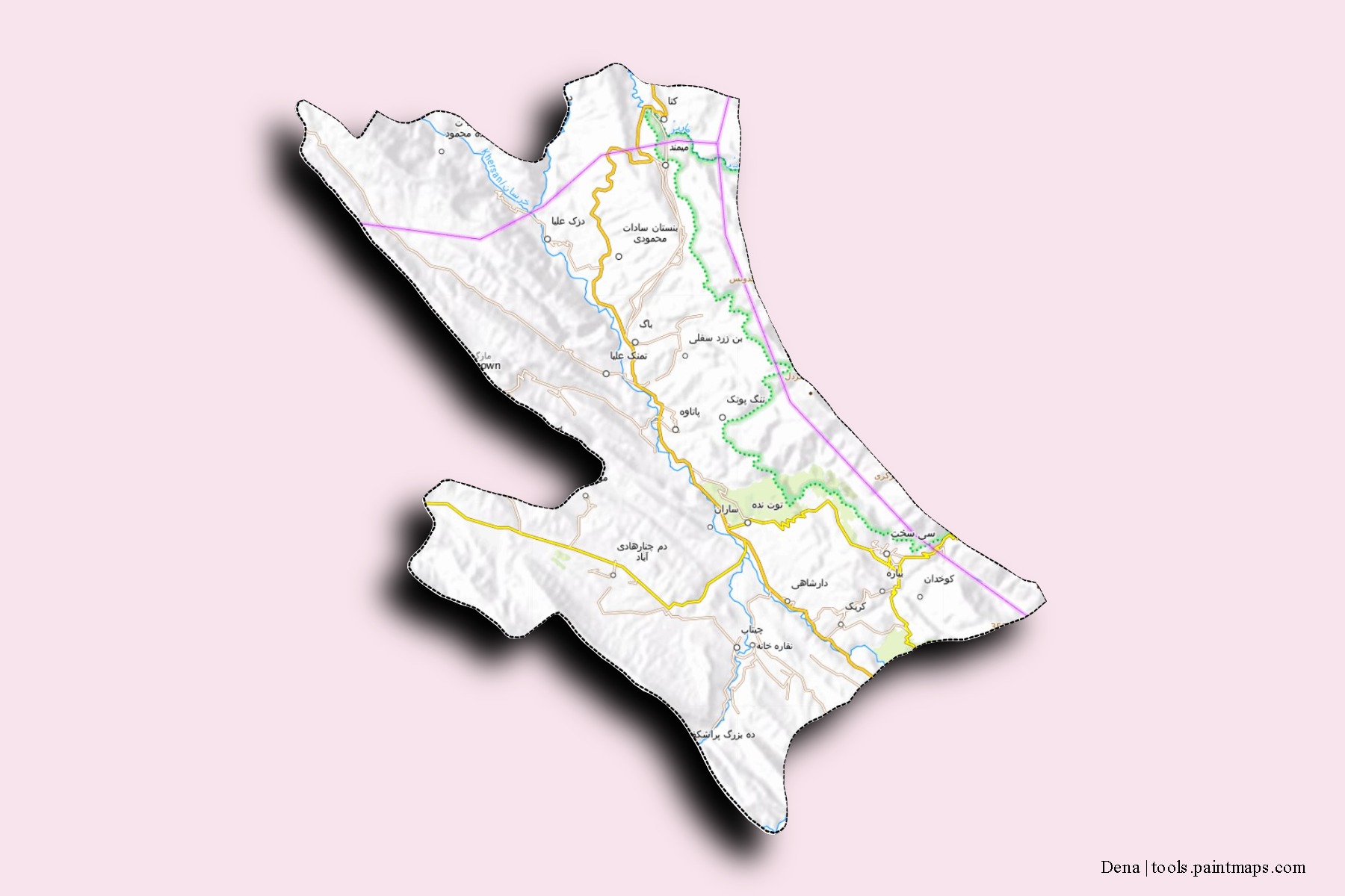 Mapa de barrios y pueblos de Dena con efecto de sombra 3D