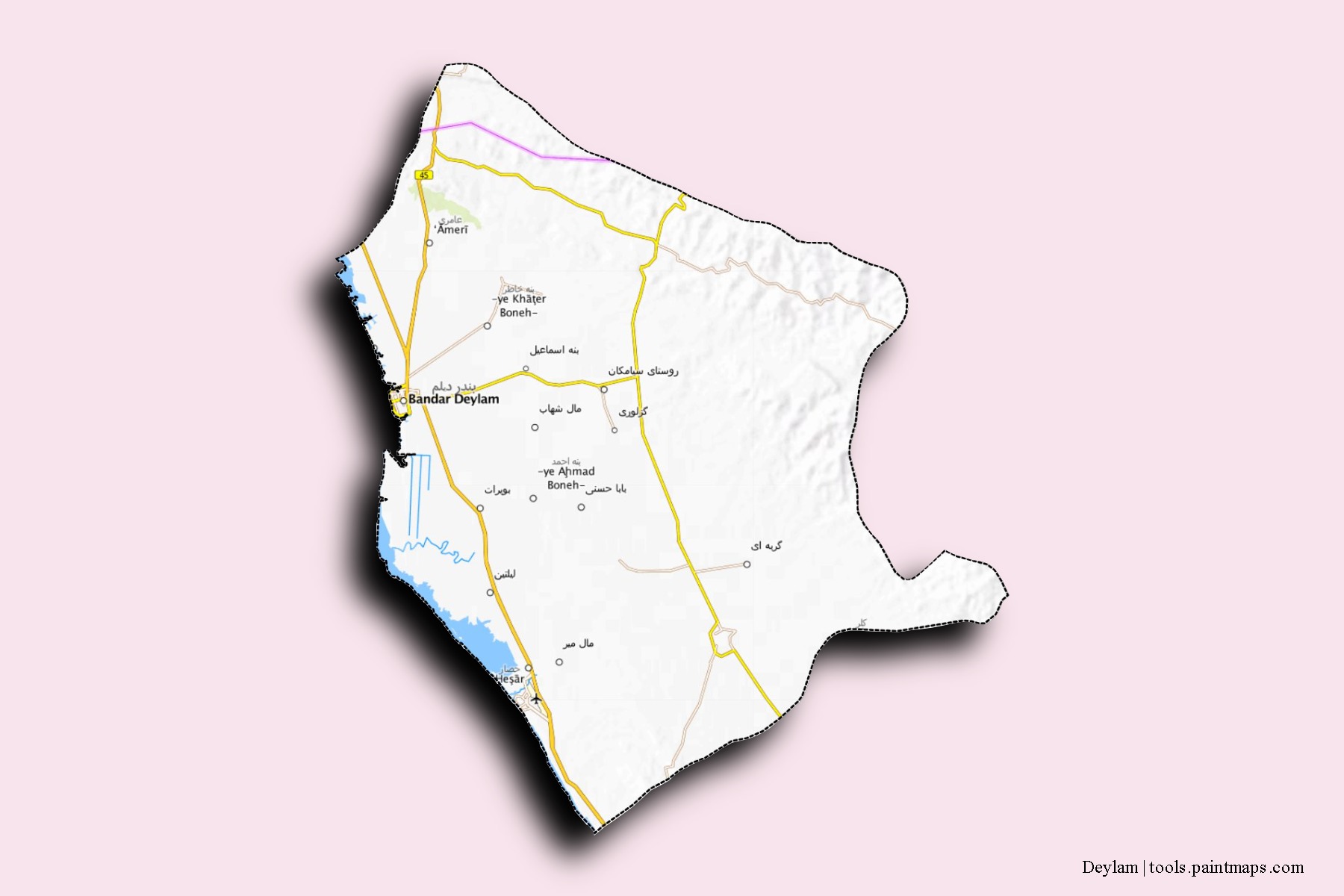 Mapa de barrios y pueblos de Deylam con efecto de sombra 3D