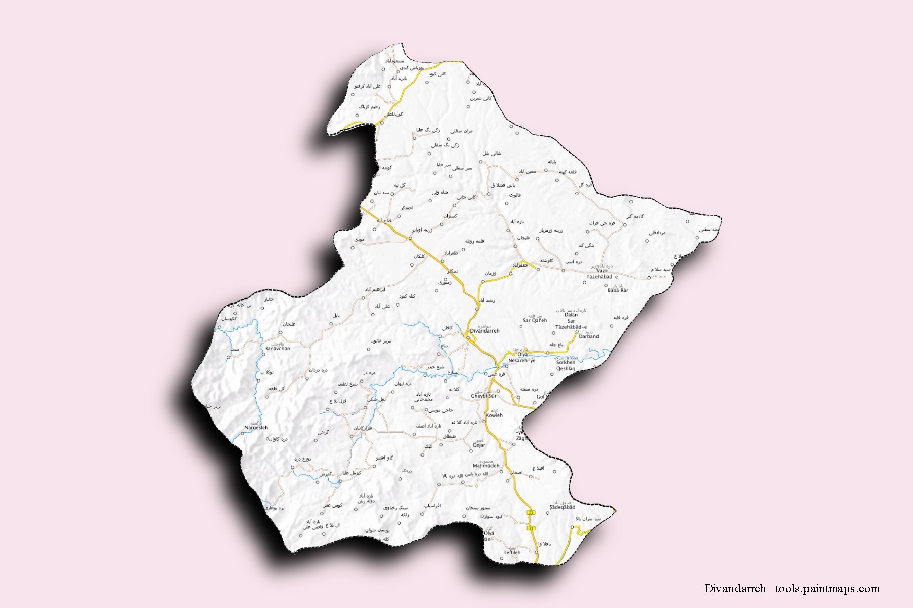 Mapa de barrios y pueblos de Divandarreh con efecto de sombra 3D