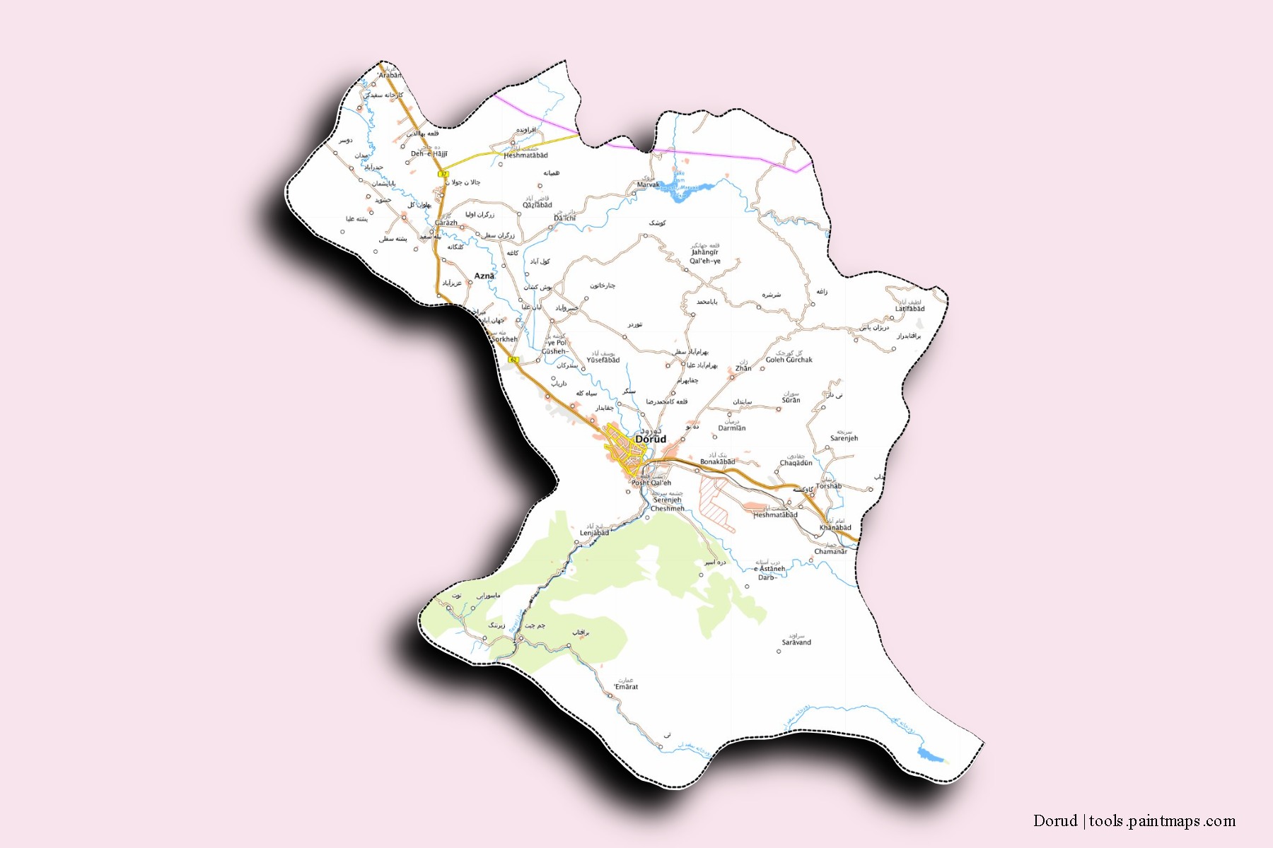 Mapa de barrios y pueblos de Dorud con efecto de sombra 3D