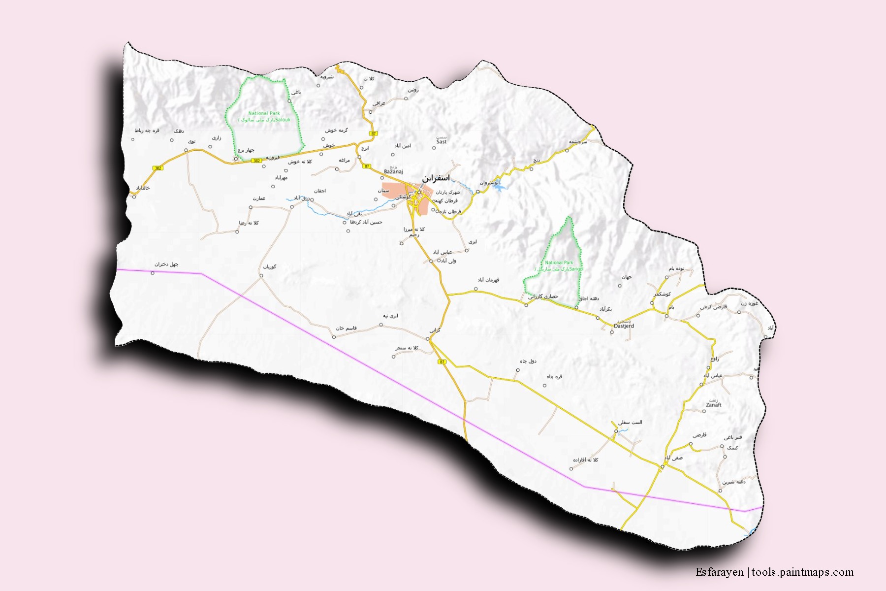 Mapa de barrios y pueblos de Esfarayen con efecto de sombra 3D