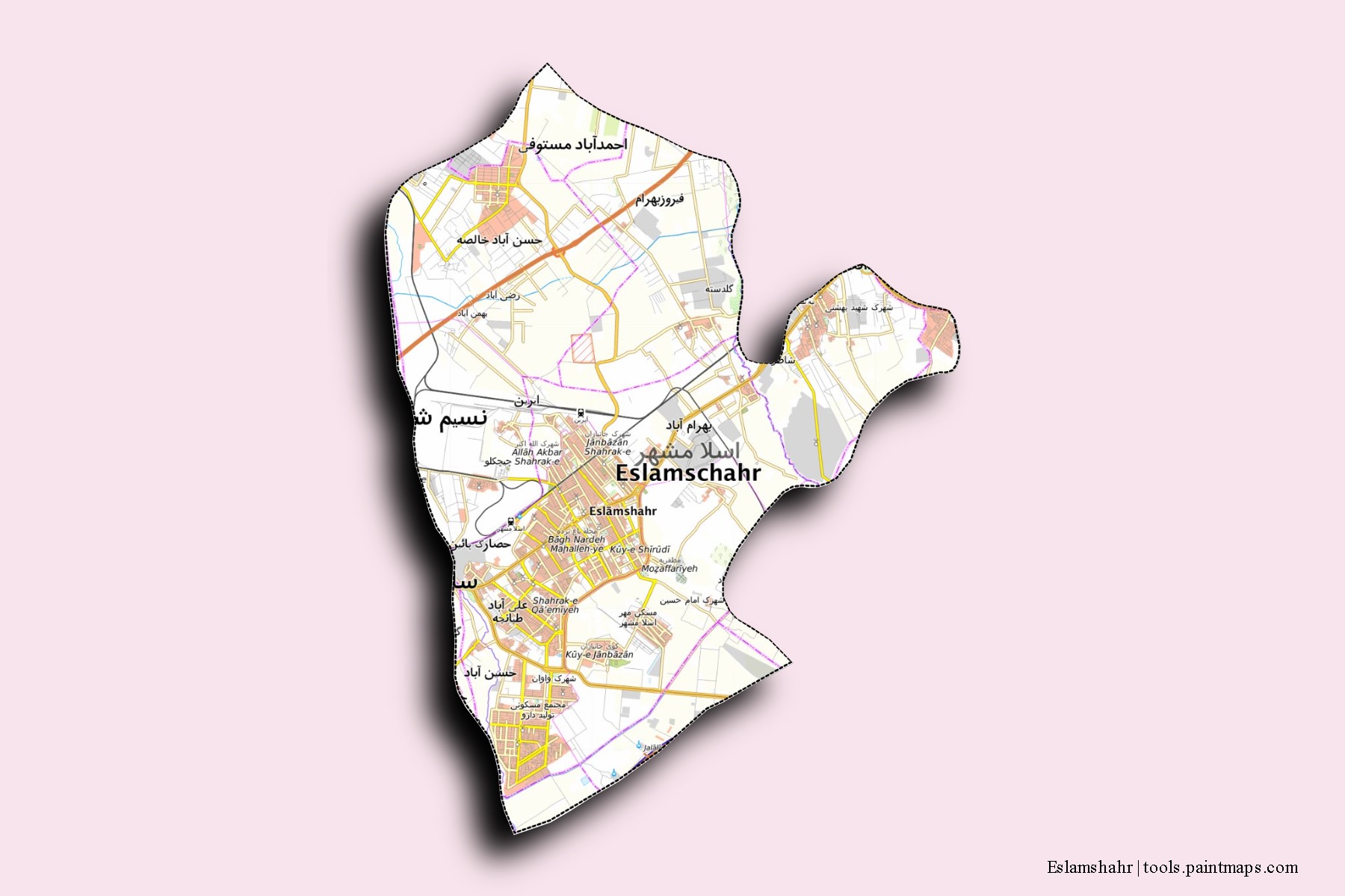 3D gölge efektli İslamşehr mahalleleri ve köyleri haritası