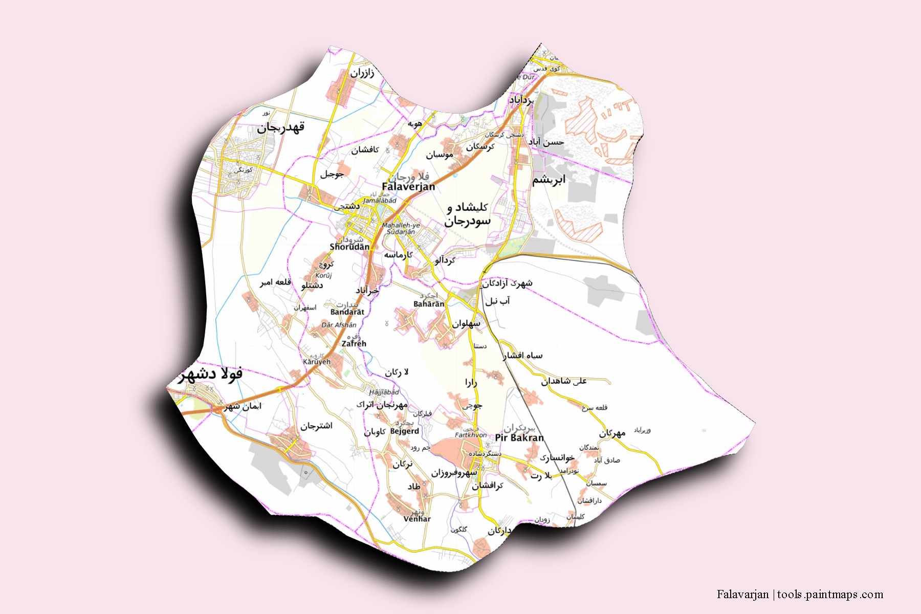 Falavarjan neighborhoods and villages map with 3D shadow effect