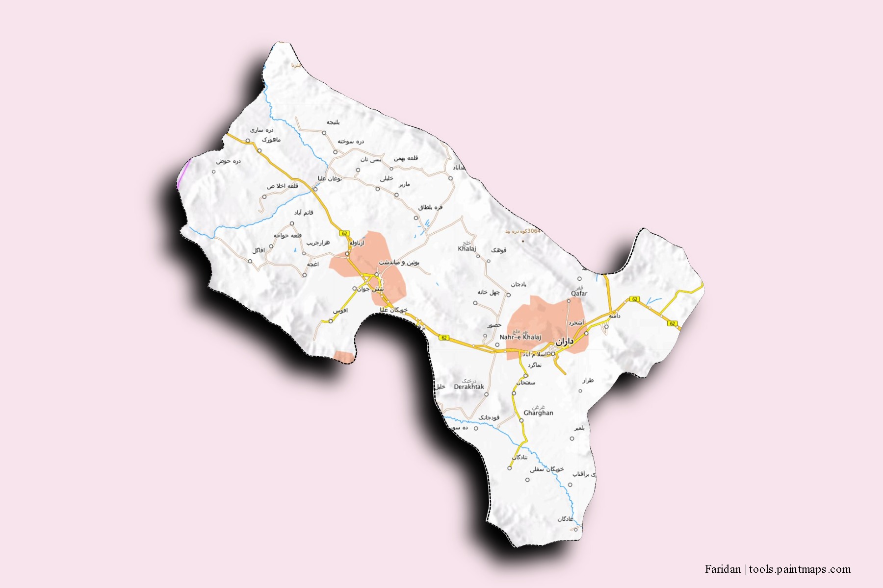 Mapa de barrios y pueblos de Faridan con efecto de sombra 3D