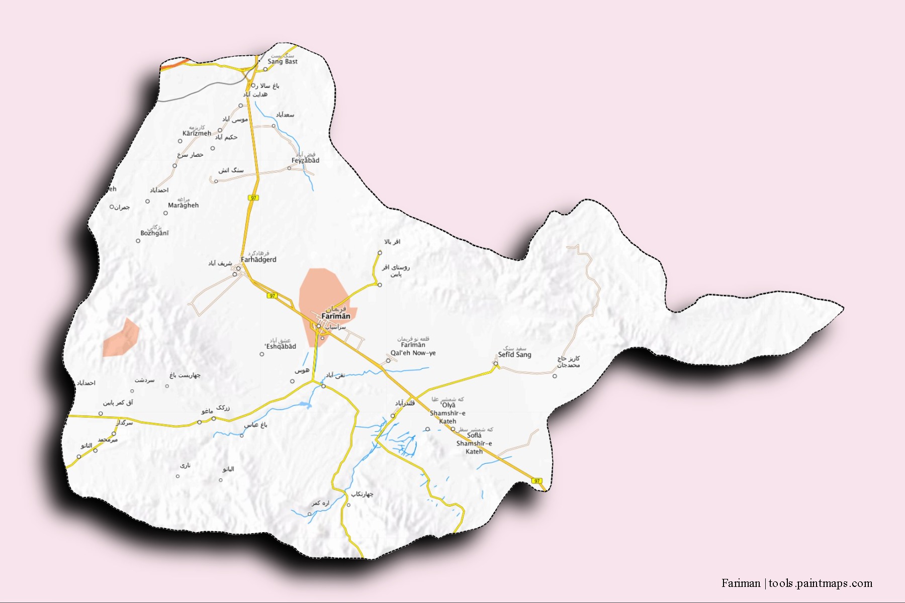 Mapa de barrios y pueblos de Fariman con efecto de sombra 3D