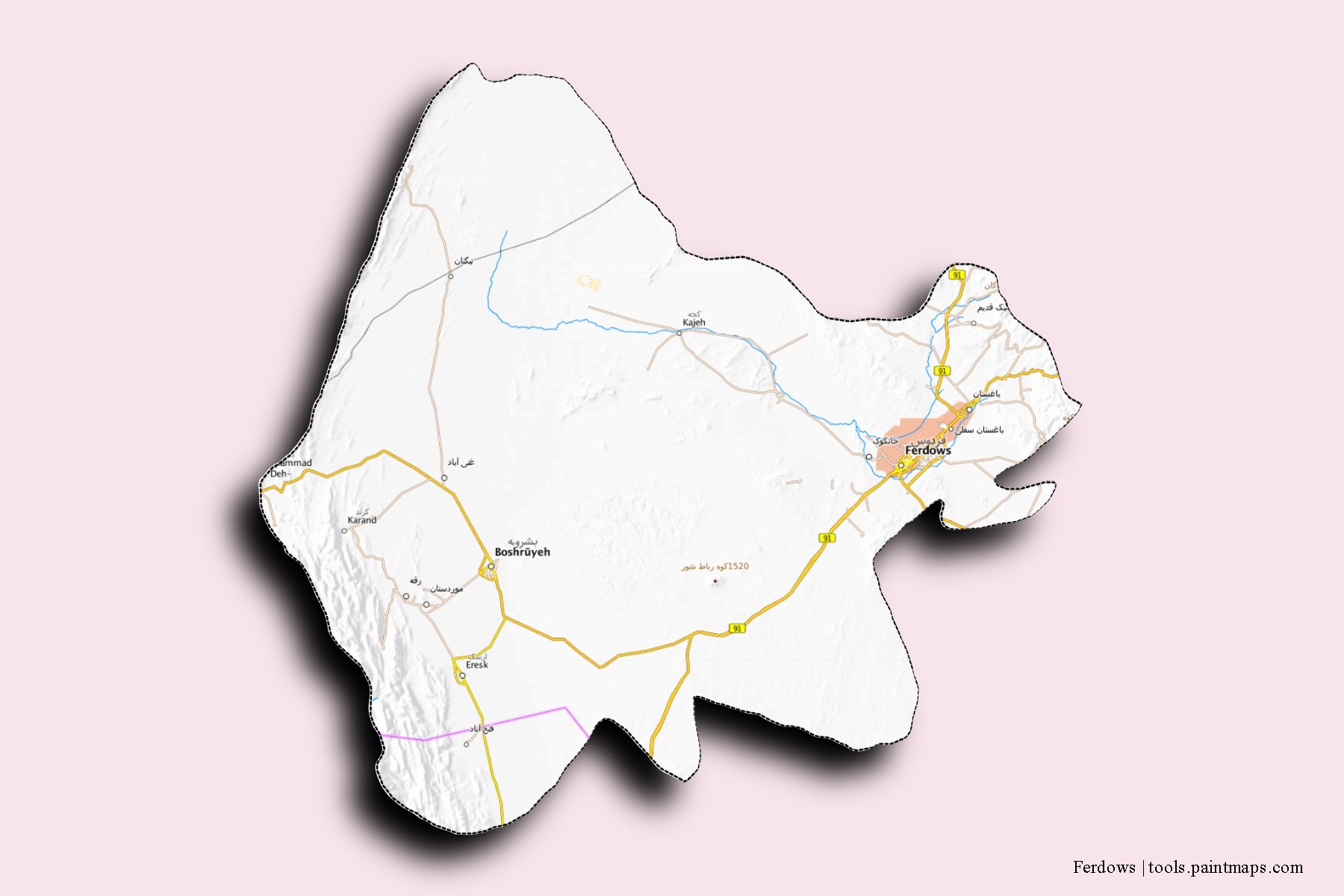 Mapa de barrios y pueblos de Ferdows con efecto de sombra 3D