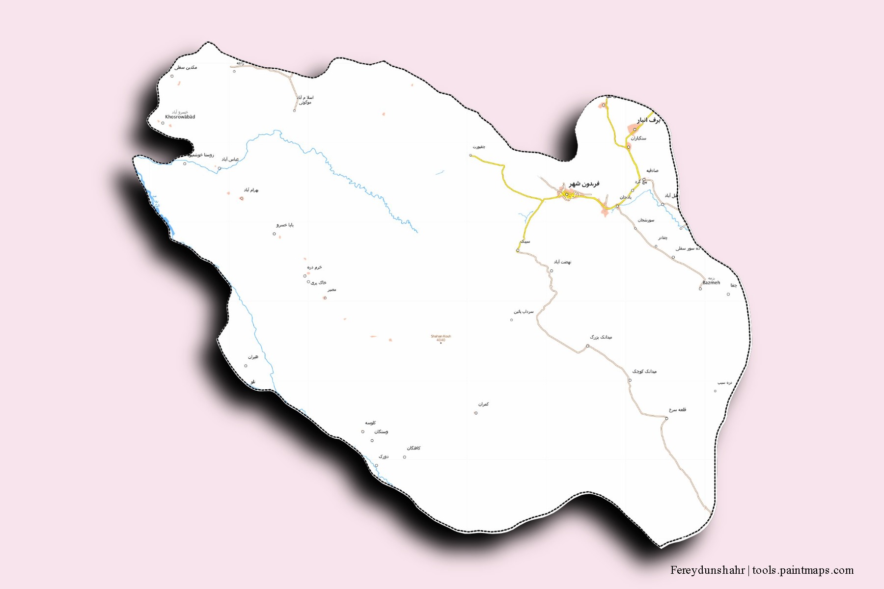 Mapa de barrios y pueblos de Fereydunshahr con efecto de sombra 3D