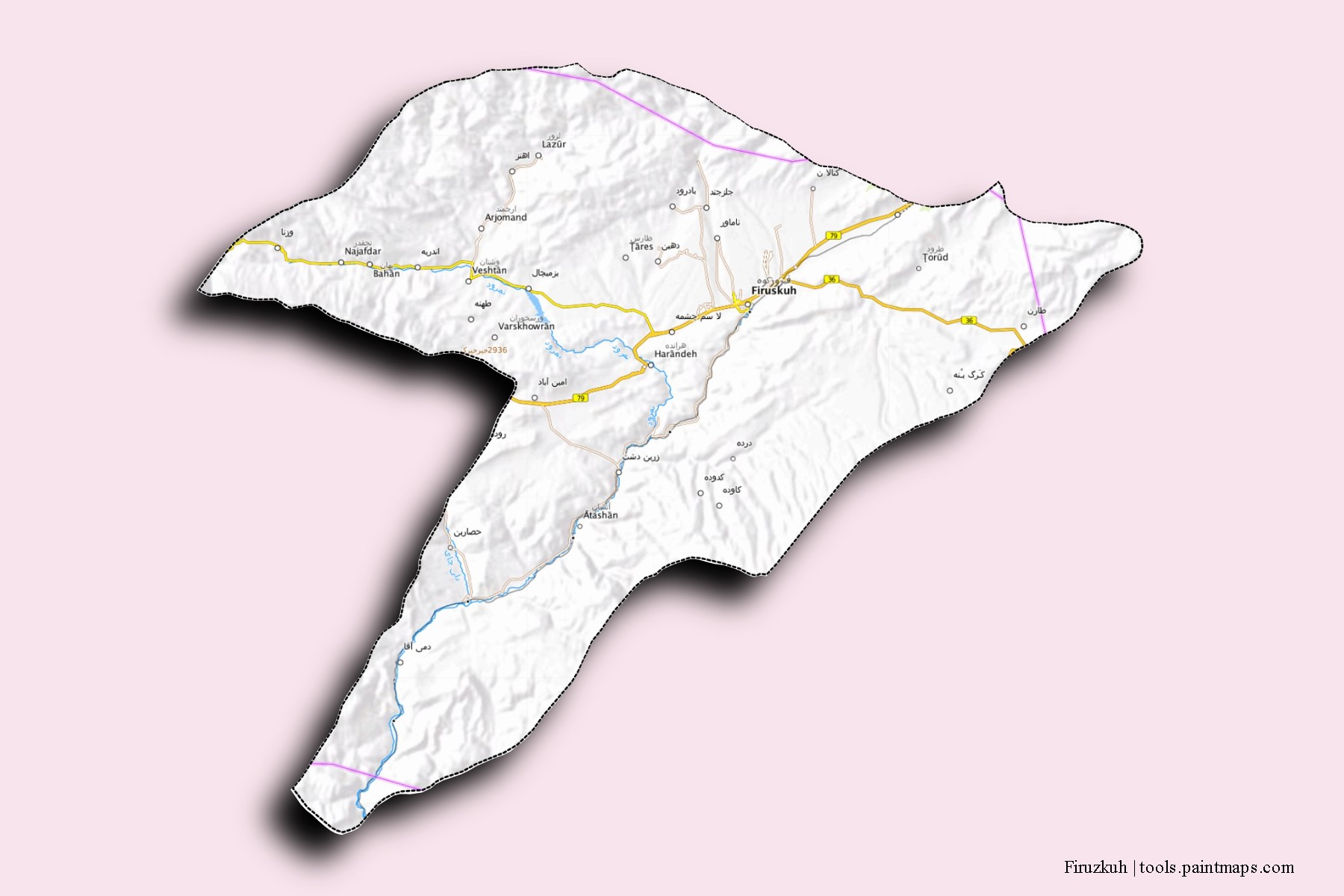 Mapa de barrios y pueblos de Firuzkuh con efecto de sombra 3D