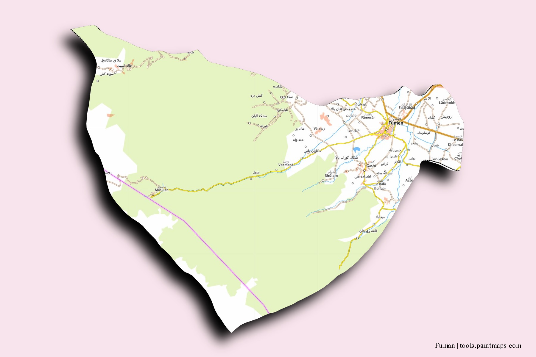 Fuman neighborhoods and villages map with 3D shadow effect