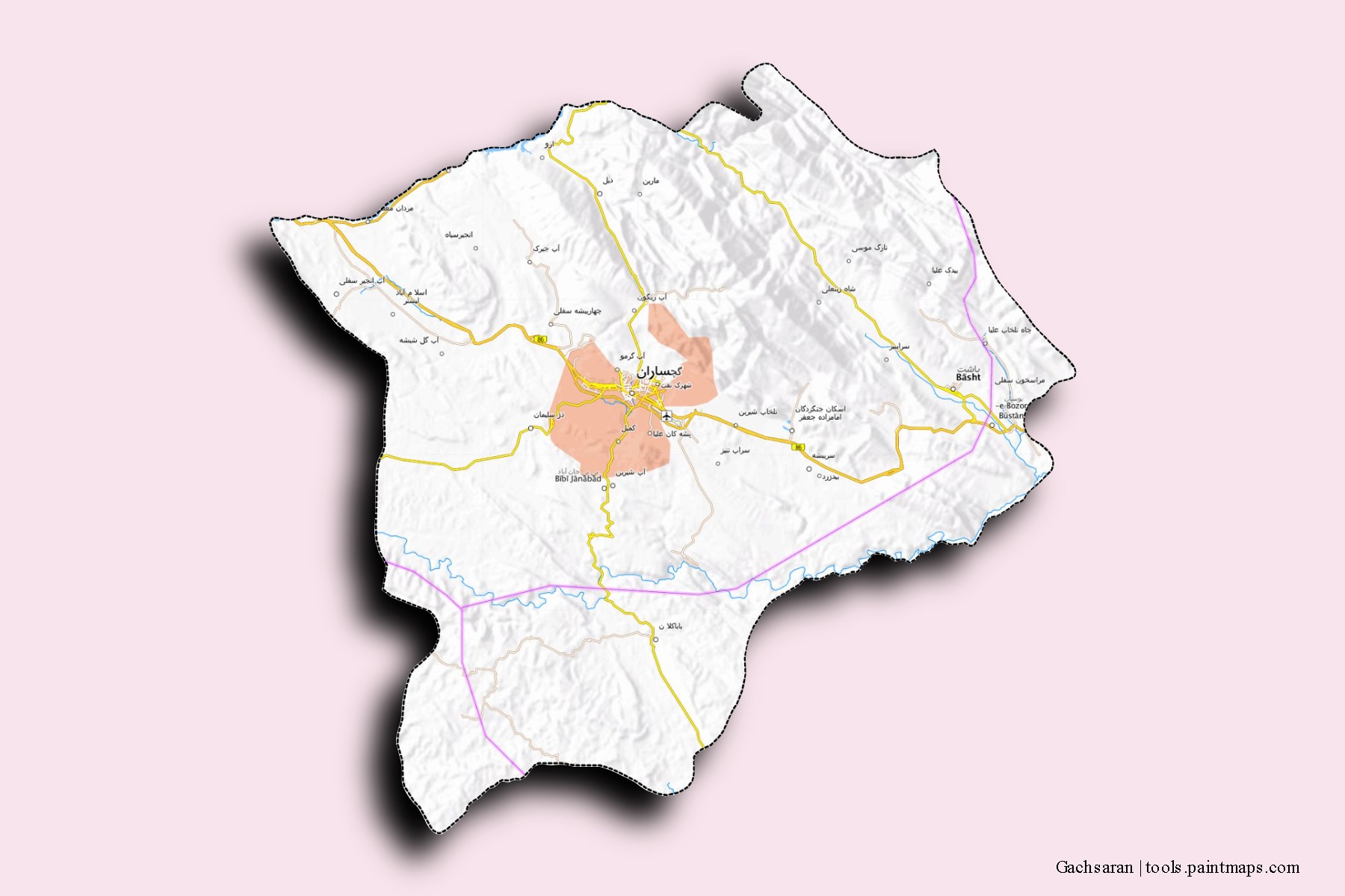 Mapa de barrios y pueblos de Gachsaran con efecto de sombra 3D