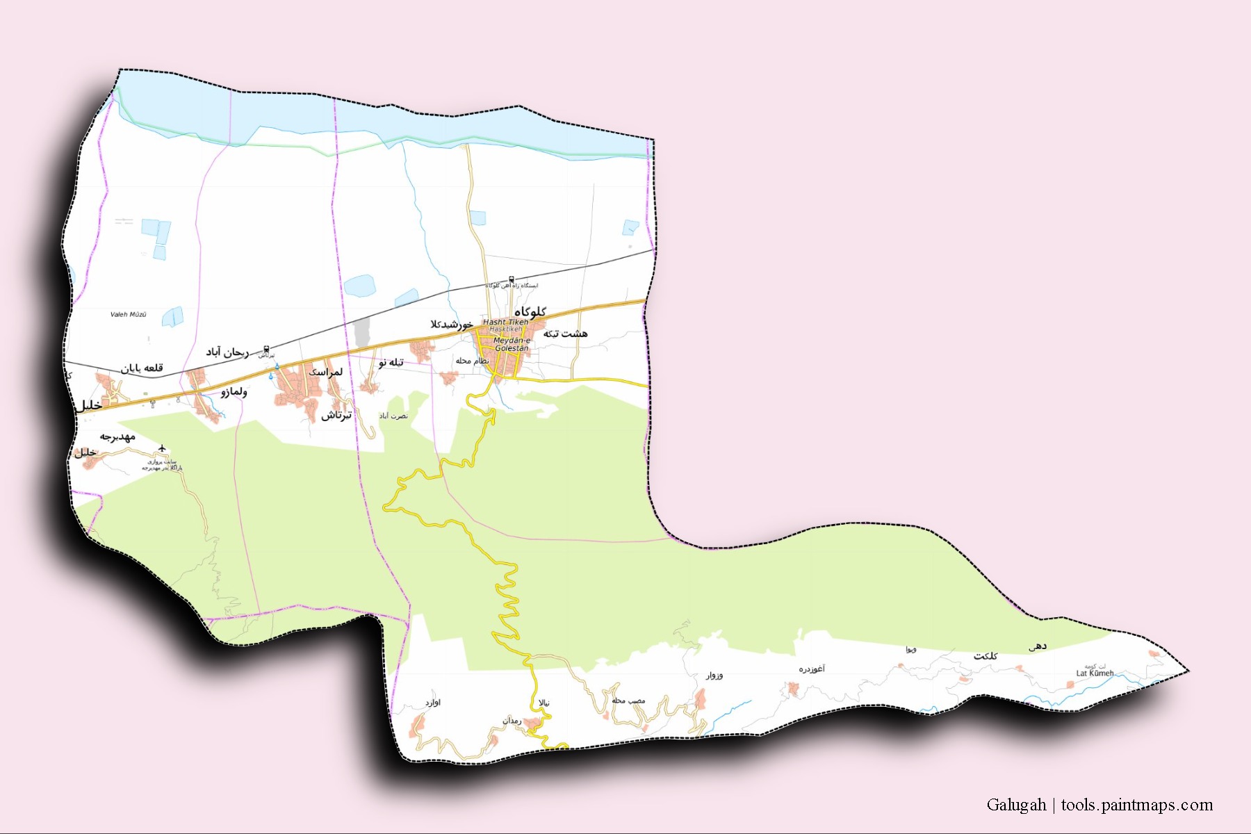 Galugah neighborhoods and villages map with 3D shadow effect