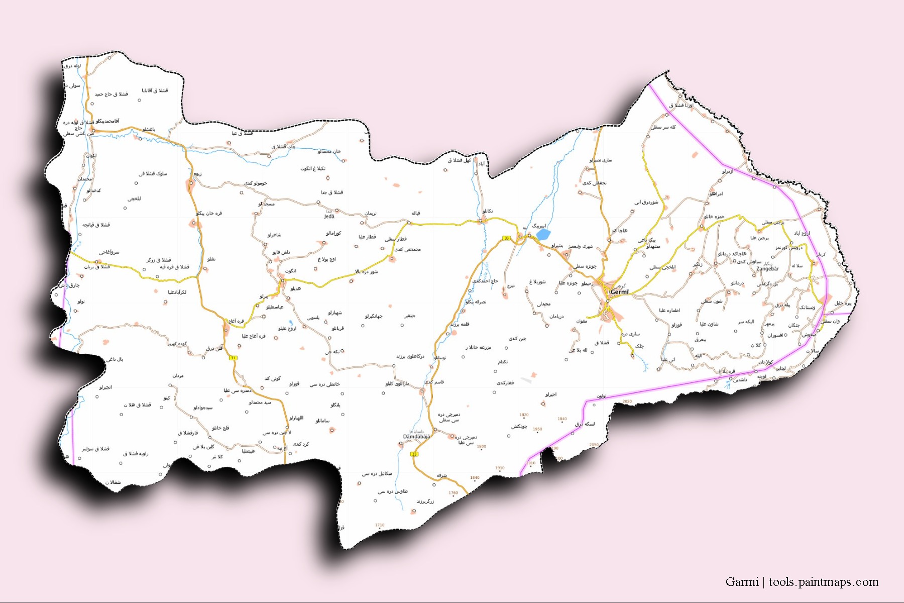 Mapa de barrios y pueblos de Garmi con efecto de sombra 3D