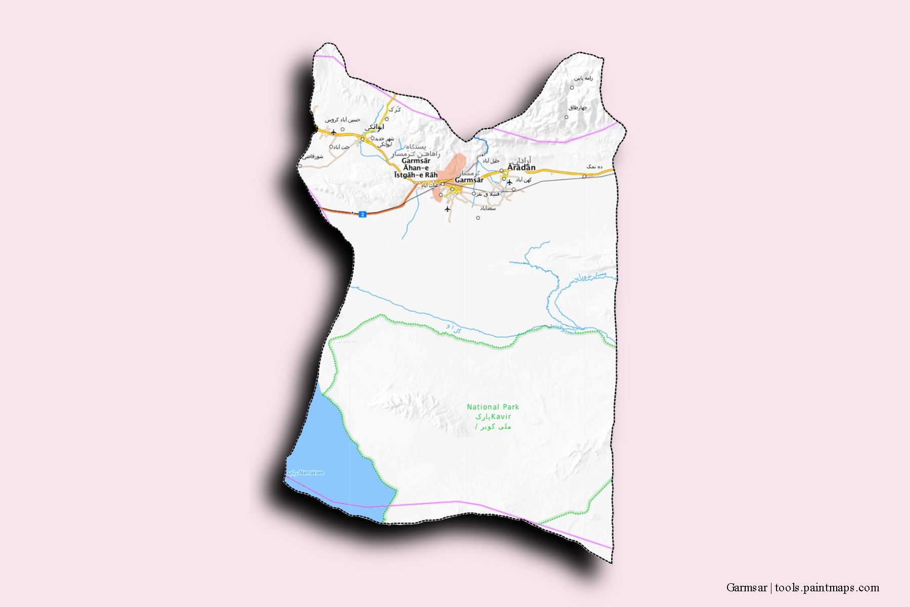 Mapa de barrios y pueblos de Garmsar con efecto de sombra 3D