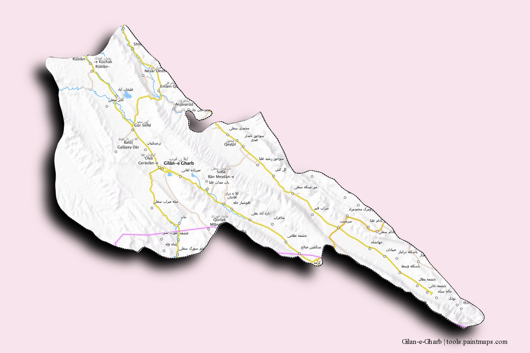 Gilan-e-Gharb neighborhoods and villages map with 3D shadow effect