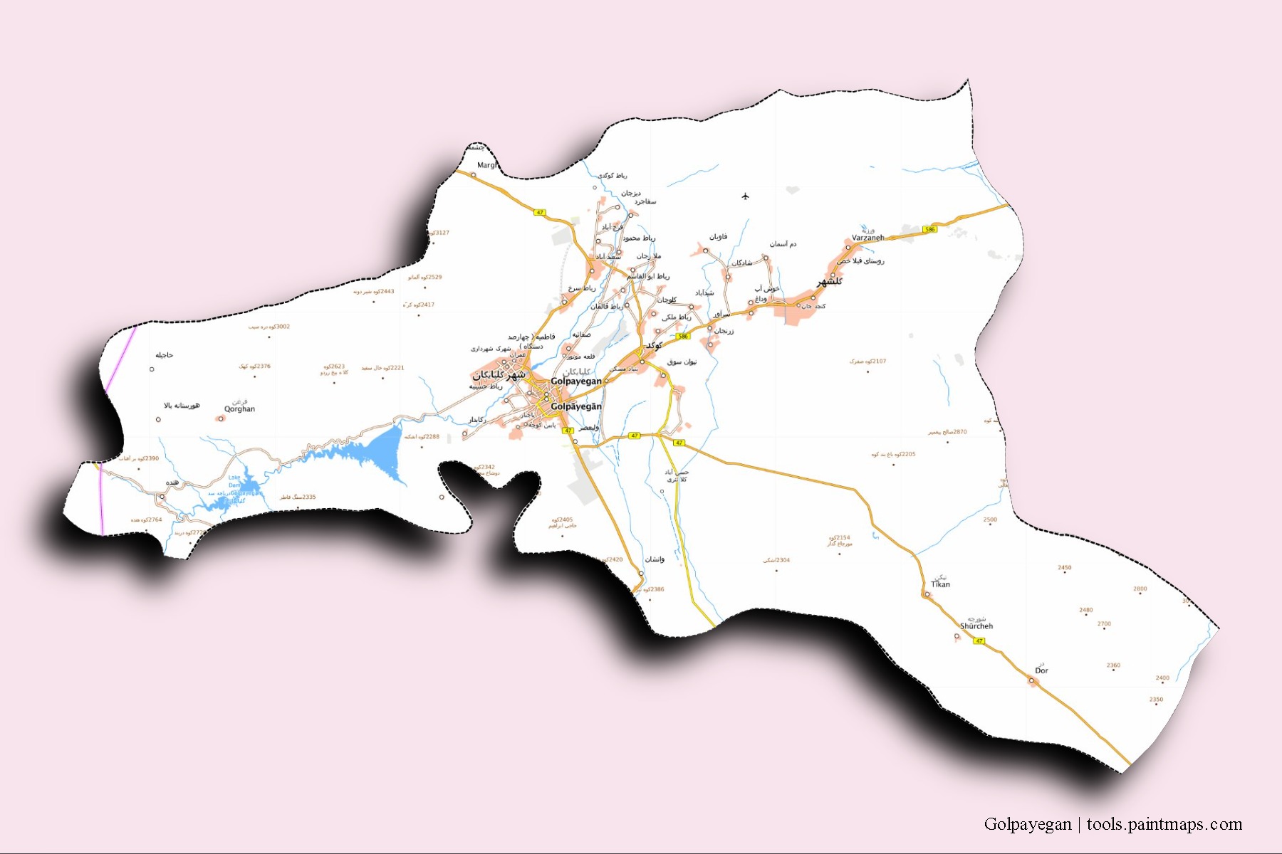 Golpayegan neighborhoods and villages map with 3D shadow effect